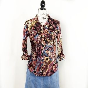 LUCKY BRAND ▪ Women's Rich Chocolate Paisley Button Down Shirt, Size M, EUC
